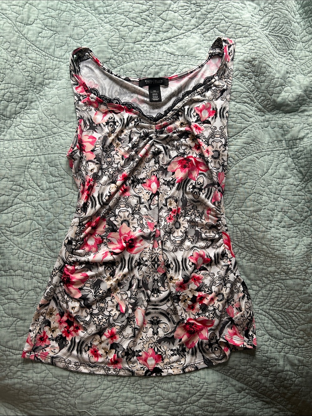 White House Black Market White Tank Top with Pink Floral & Black Scroll Print XS